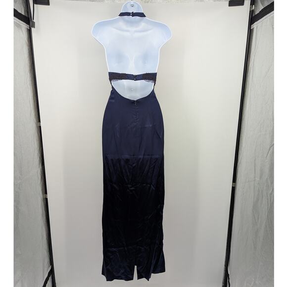 Navy Satin Beaded Halter Evening Gown Open Back Formal Maxi Dress Size 6 - Picture 5 of 9